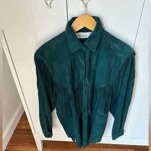Vtg LANNA Forest Green Suede Tassel Shirt